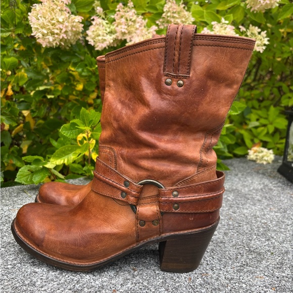 Frye Shoes - Frye Women’s Cognac Leather Carmen Harness Heeled Short Moto Boots, 77372, 10B